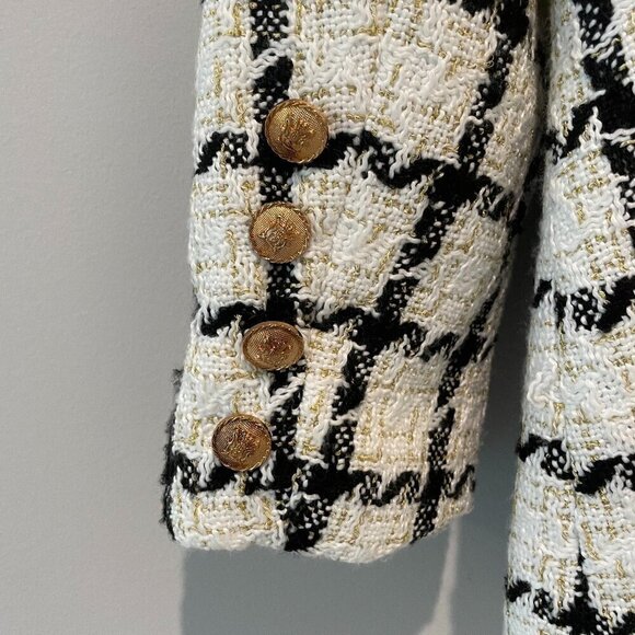 Luxe Tweed Double Breasted Lined Blazer Ivory/Black Gold Buttons - Picture 7 of 8